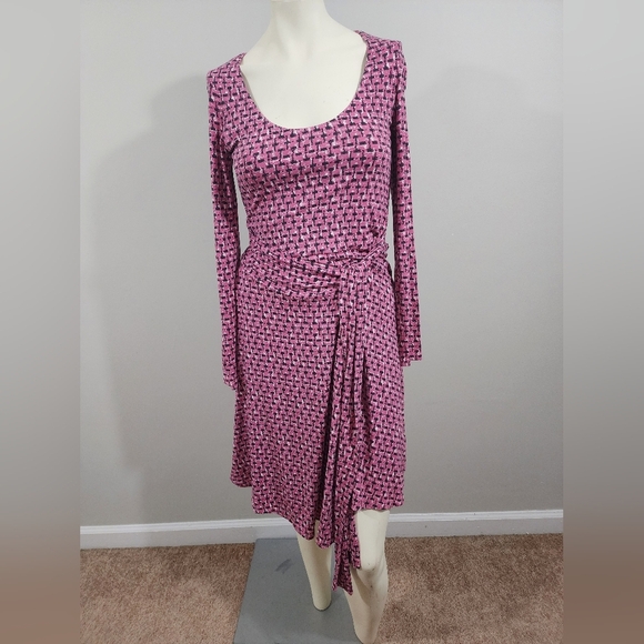 Boden Long Sleeve Belted faux wrap midi dress stretch purple, pink Women's 6P - Picture 2 of 13